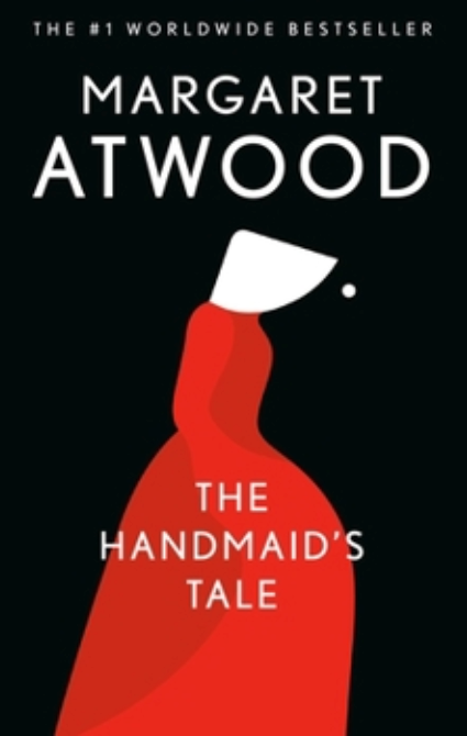 "Front cover of The Handmaid's Tale by Margaret Atwood, featuring a minimalist design with a cloaked figure and muted tones."