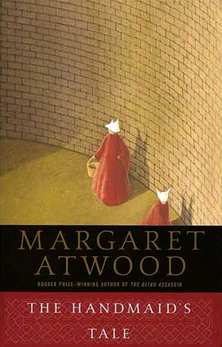 "Front cover of The Handmaid's Tale by Margaret Atwood, featuring a minimalist design with a cloaked figure and muted tones."