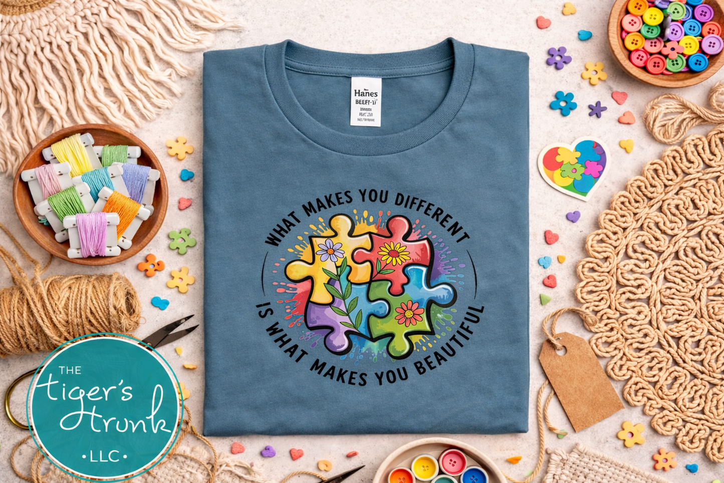 Blue t-shirt with colorful puzzle design and text on a textured surface with craft supplies.