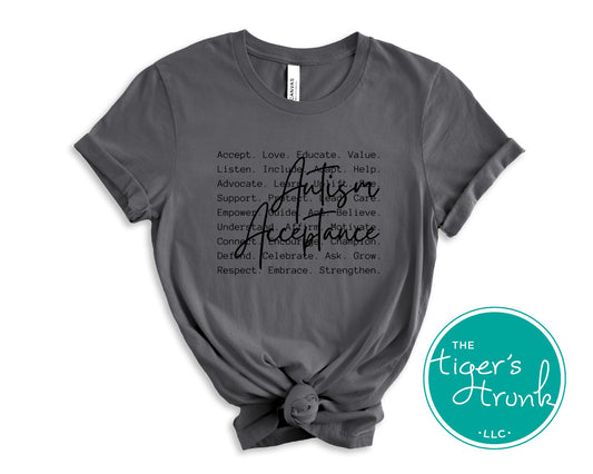 gray autism acceptance shirt with inspire acceptance message and affirming words graphic