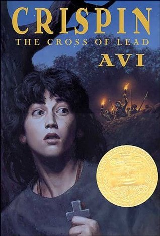 Book cover of 'Crispin: The Cross of Lead' by Avi with a young boy holding a cross.