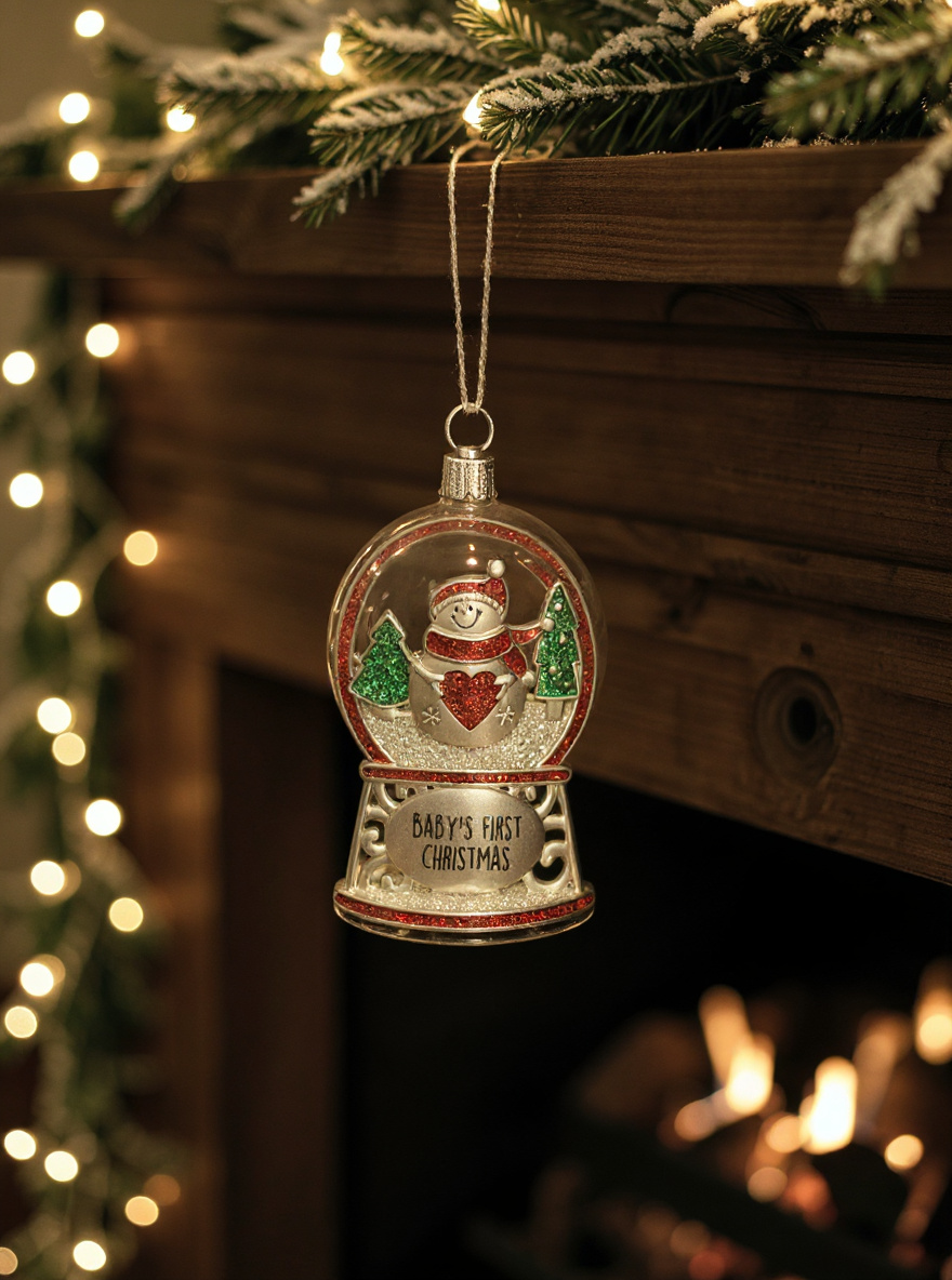 Baby’s First Christmas collectible snow globe ornament with a smiling snowman and glittery trees hanging on a festive Christmas mantle