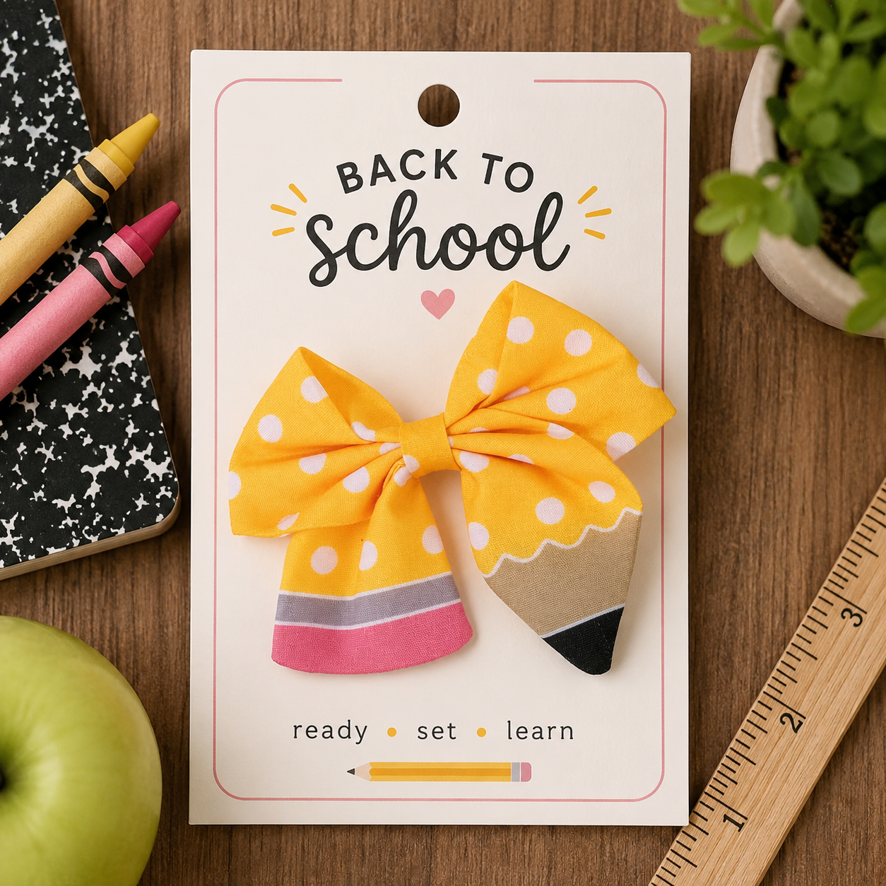 Yellow Polka Dot Pencil Ribbon Bow