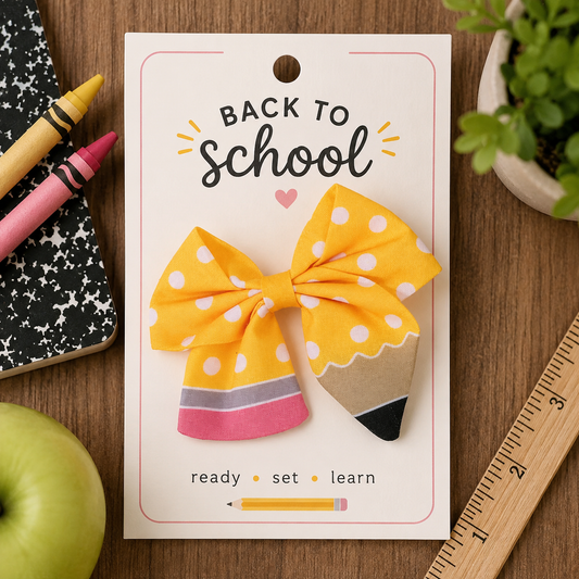 A yellow fabric hair bow with white polka dots and a pencil-ear design, displayed on a printed backing card that reads 'BACK TO school' with school-themed props around it on a wooden surface.