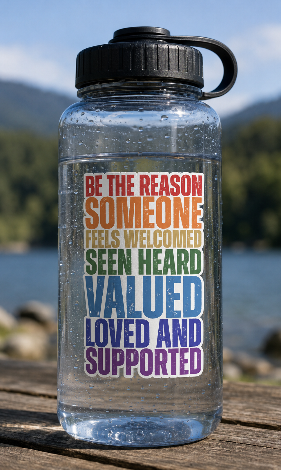 Rainbow-colored inspirational vinyl sticker reading Be the Reason Someone Feels Welcomed Seen Heard Valued Loved and Supported displayed on a clear water bottle outdoors by a lake.