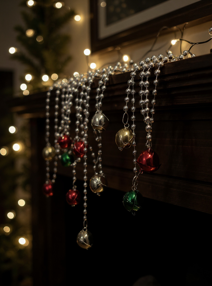 Beaded holiday necklaces with gold, red, and green jingle bells draped across a festive decorated mantel