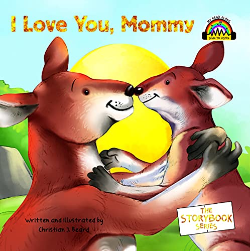 Book cover of 'I Love You, Mommy' featuring two kangaroos hugging with a rainbow and sun in the background.