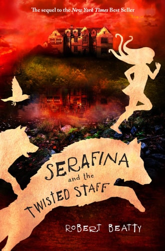 Book cover of 'Serafina and the Twisted Staff' with a silhouette of a girl, animals, and a house.