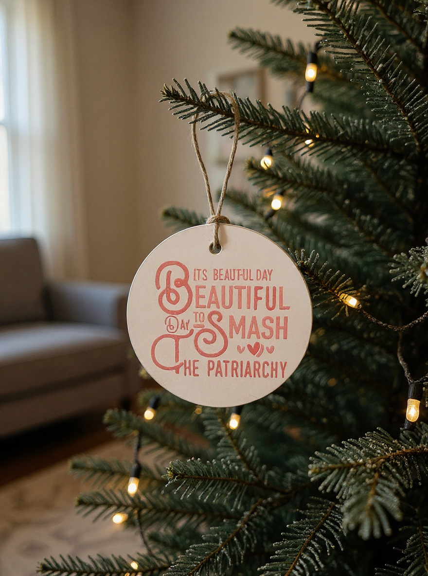Round feminist ornament reading Beautiful Day to Smash the Patriarchy hanging on a Christmas tree with warm lights.