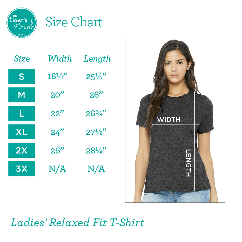 A size chart graphic for a ladies' relaxed fit t-shirt by The Tiger's Tooth LLC. The left side features a size table from S to 3X with width and length measurements in teal text and green size blocks.
