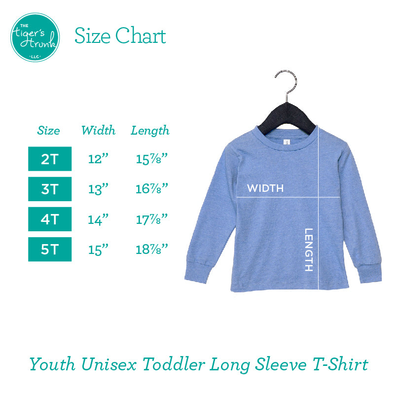 Size chart for youth unisex toddler long sleeve t-shirt with blue shirt on hanger