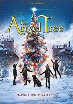 Book cover of 'The Angel Tree' with a Christmas tree and people in a snowy village scene.