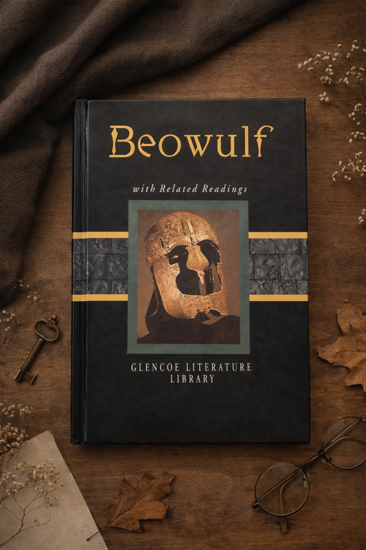 Beowulf with Related Readings Glencoe Literature Library hardcover book styled on a warm wooden flatlay with vintage props
