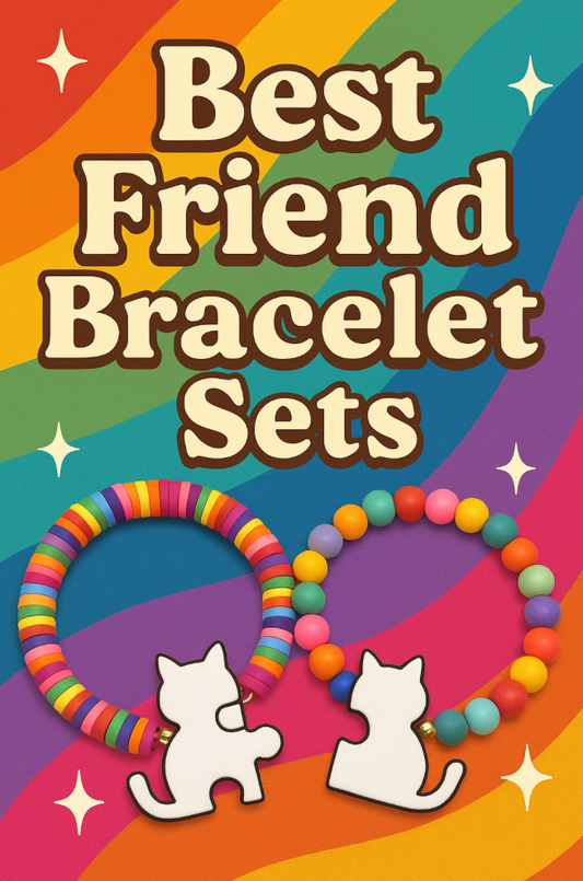 Colorful bracelet sets with cartoon dogs on a rainbow background, labeled 'Best Friend Bracelet Sets'.