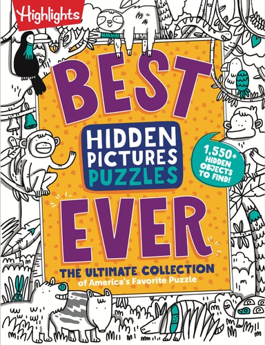 Book cover of 'Best Hidden Pictures Puzzles Ever' with animal illustrations on a white background.