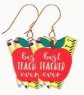 Earrings with apple design and 'Best Teach Ever' text on a white background