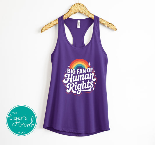 Women's purple racerback tank top featuring a retro rainbow "Big Fan of Human Rights" graphic.
