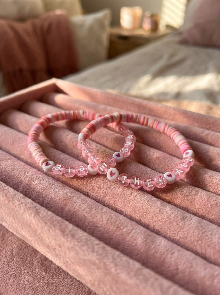 Two pink beaded bracelets with letter beads on a pink surface.
