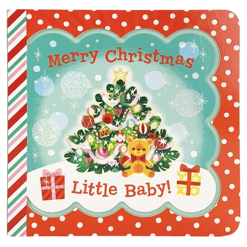 Christmas-themed card with a tree, teddy bear, and presents on a red and white polka dot border.
