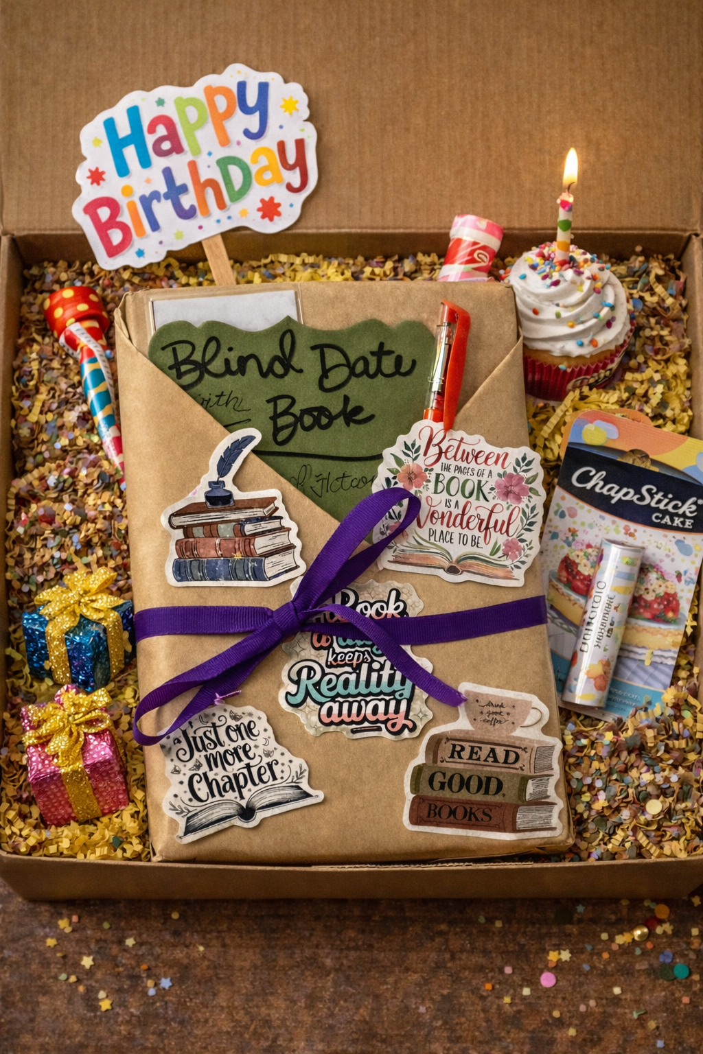 Gift box with book-themed items and a 'Happy Birthday' sign on a glittery surface.