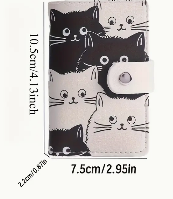 Phone case with black and white cat illustrations and measurements on a white background