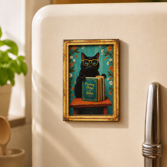 intage black cat book magnet with glasses, teal floral background and Pushing Things Off Tables book design