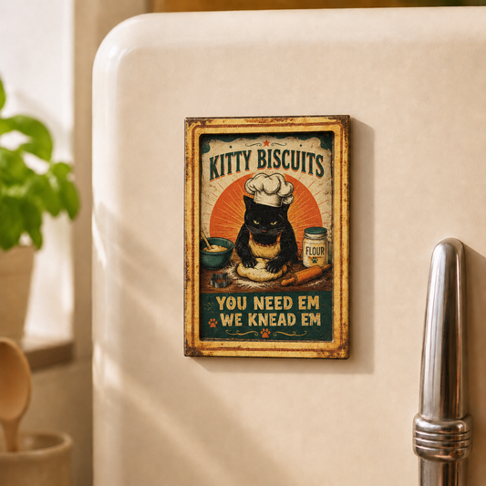 Vintage black cat chef Kitty Biscuits refrigerator magnet with You Need Em We Knead Em design