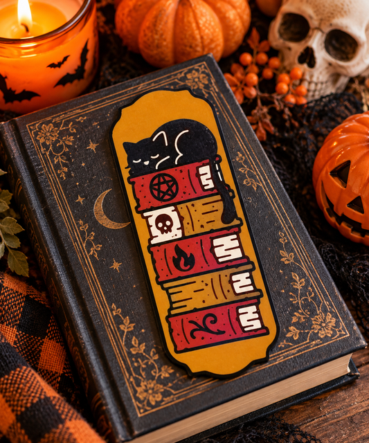 Halloween bookmark featuring a sleeping black cat on a stack of red and brown spooky books with magical symbols against a golden orange background, measuring 6 by 2.25 inches.