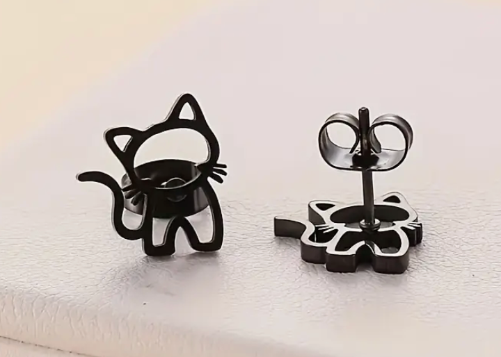 Pair of cartoon kitten stud earrings in simple sweet design, lightweight everyday jewelry for cat lovers
