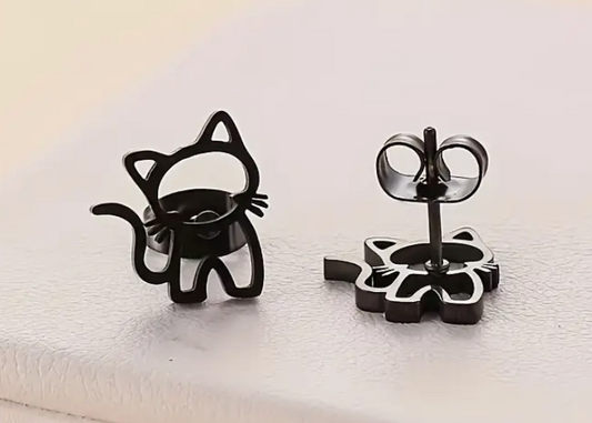 Pair of cartoon kitten stud earrings in simple sweet design, lightweight everyday jewelry for cat lovers
