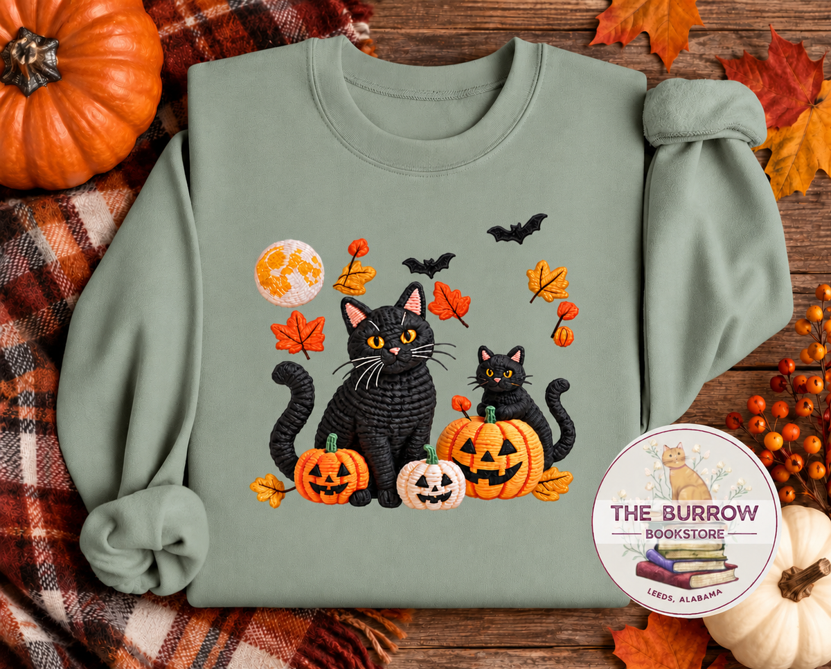 Black cats and pumpkins Halloween sweatshirt in stonewashed green with bats, autumn leaves and jack-o-lanterns
