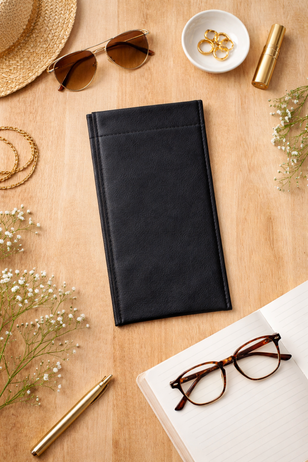 Black slim faux leather reading and sunglasses holder displayed in a flat lay with notebook, pen, sunglasses, and gold accessories.