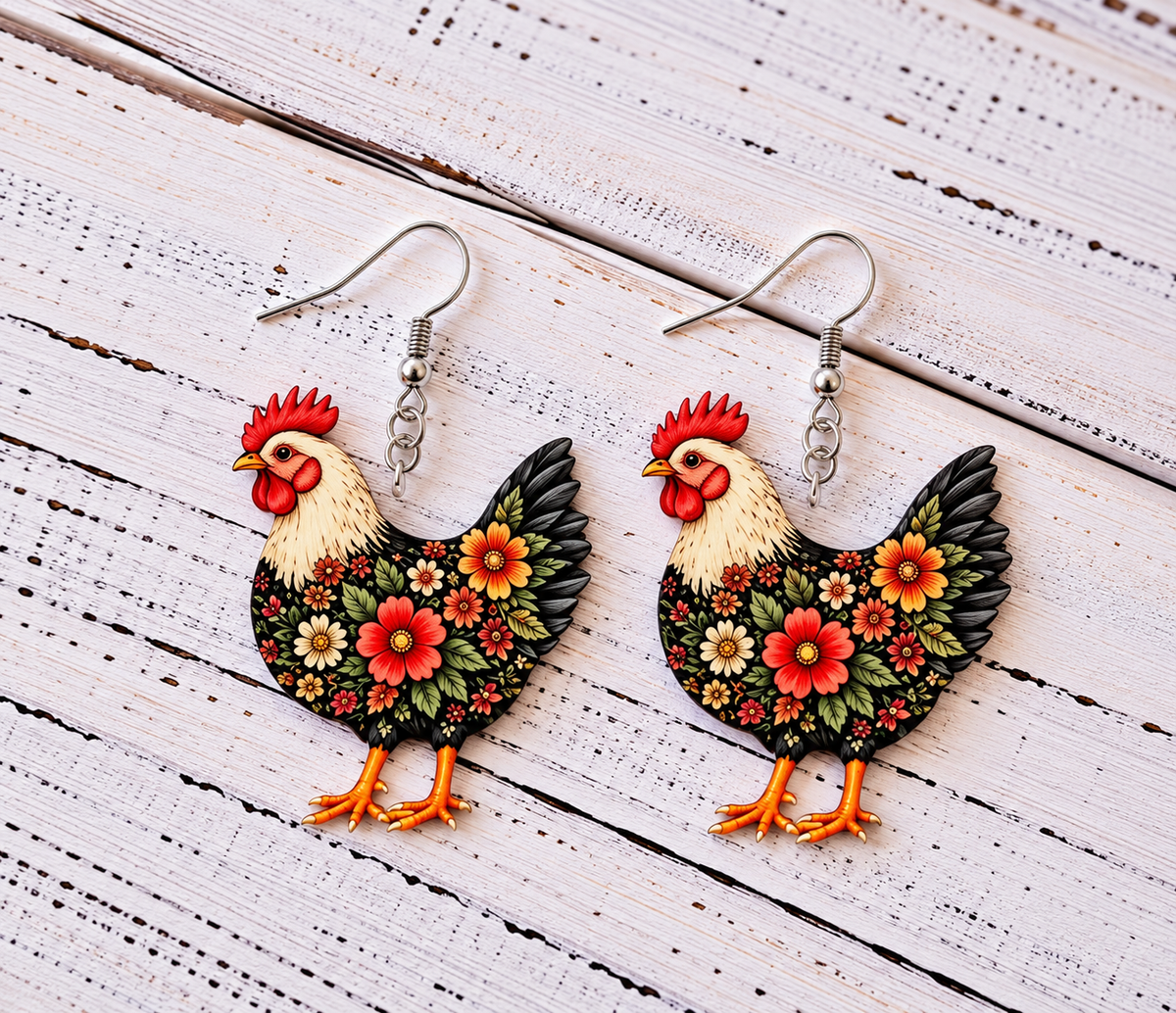 Black floral chicken acrylic dangle earrings with colorful flowers and silver-tone hooks