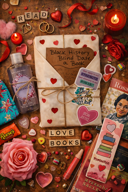 Valentine's Day-themed gift set with books, flowers, and decorative items on a wooden surface.