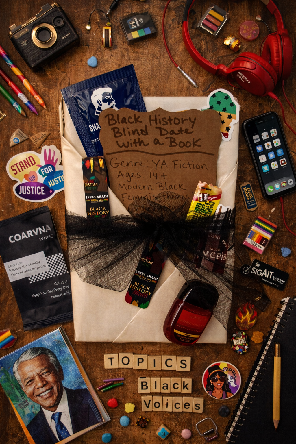 Collection of items on a table with a focus on books and educational materials related to Black History.