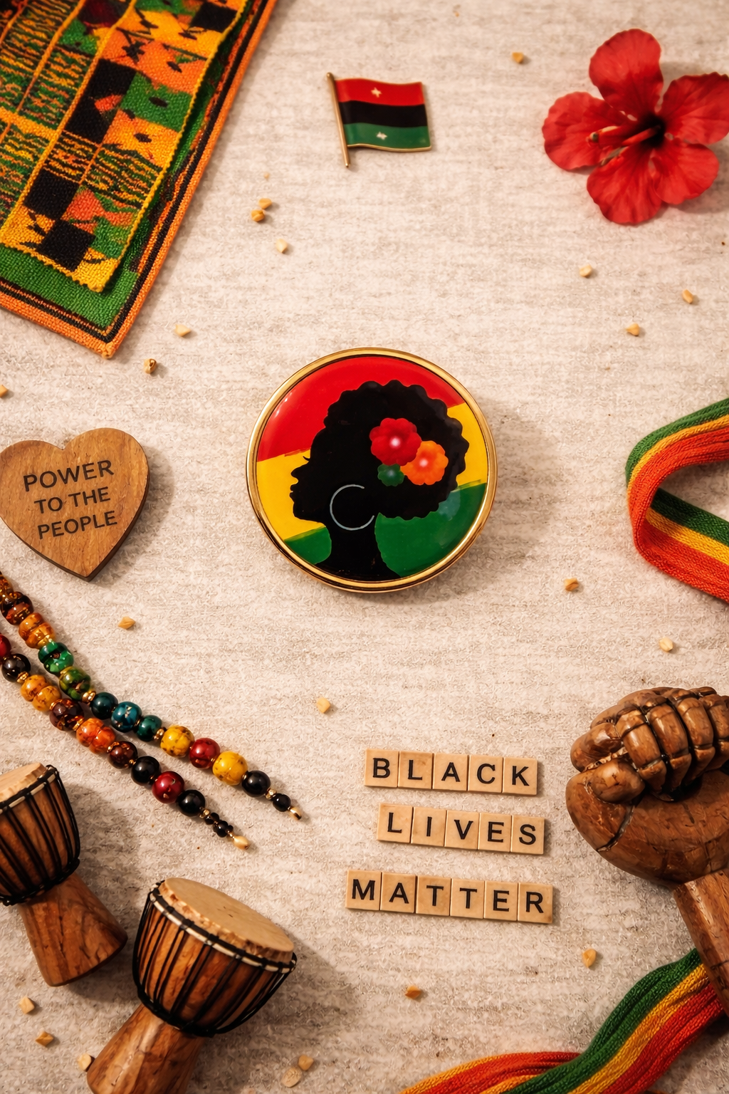 Collection of items including a button with a black woman's face, 'Black Lives Matter' sign, and wooden drums on a textured surface.