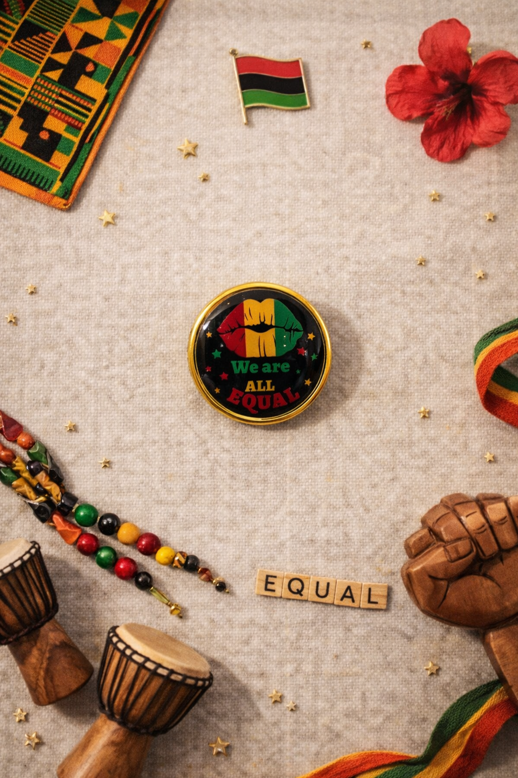 Pin with 'We Are All Equal' message surrounded by decorative items on a textured surface
