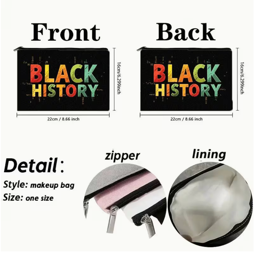 Black History makeup bag showing front and back design with measurements 22 cm by 16 cm