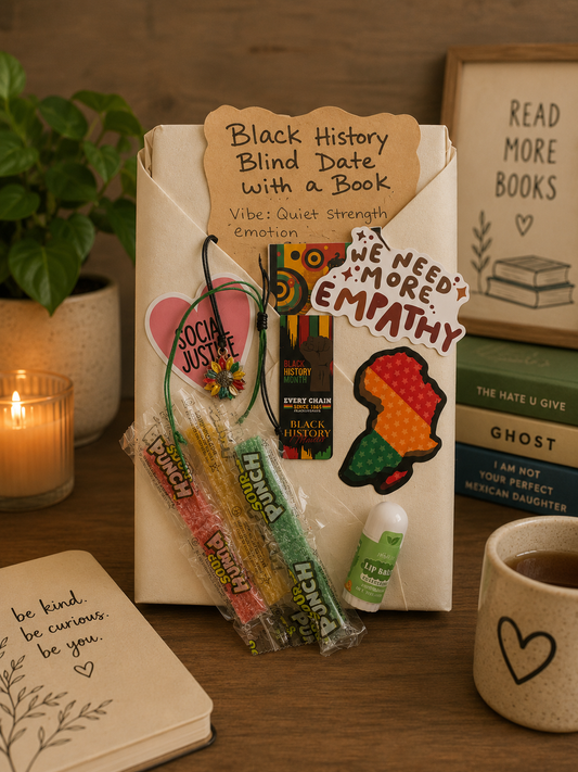 Collection of social justice-themed items including a bookmark, stickers, and a pen on a white surface.