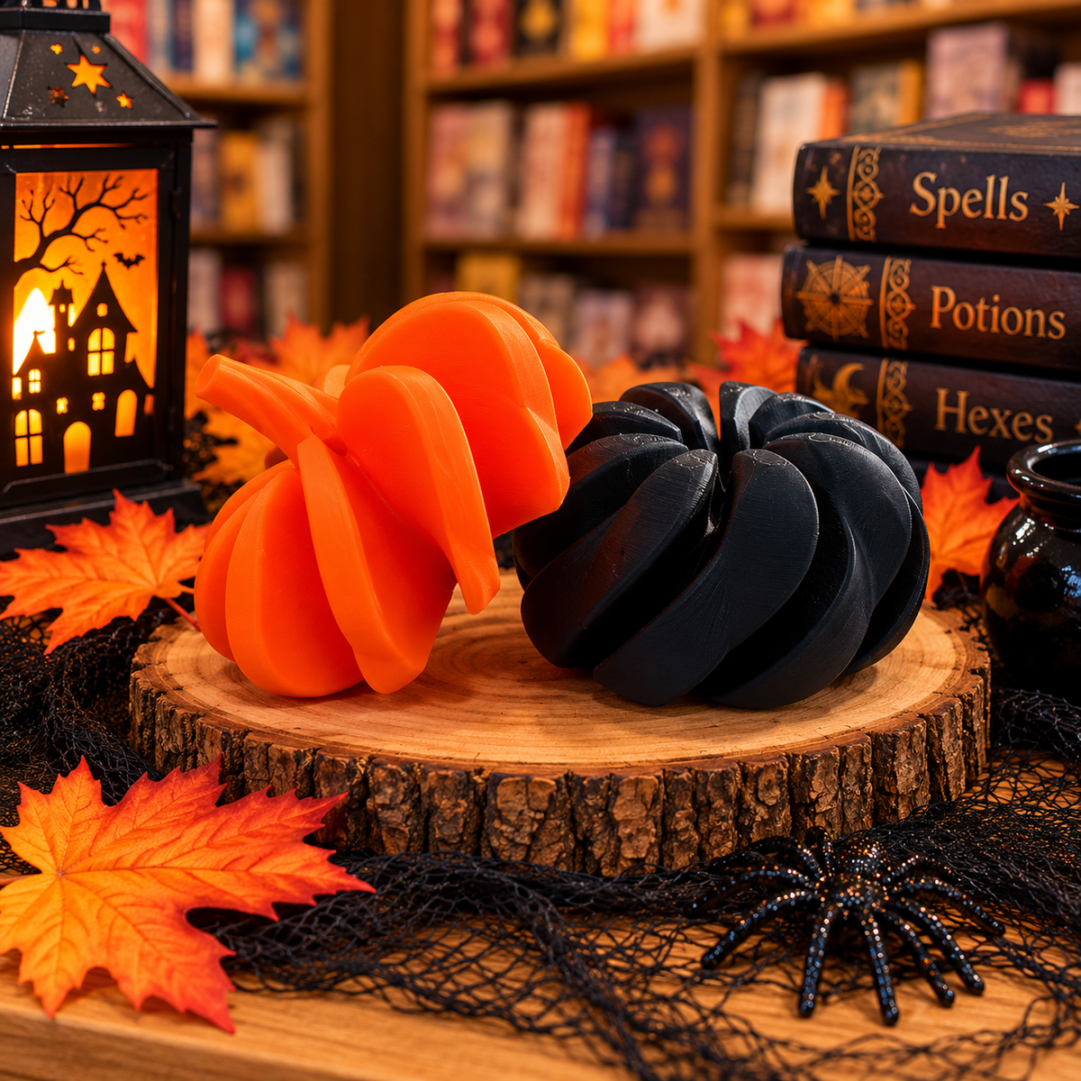Orange and black 3D printed spiral pumpkin fidgets featuring curved, interlocking sections displayed in a Halloween bookstore setting.
