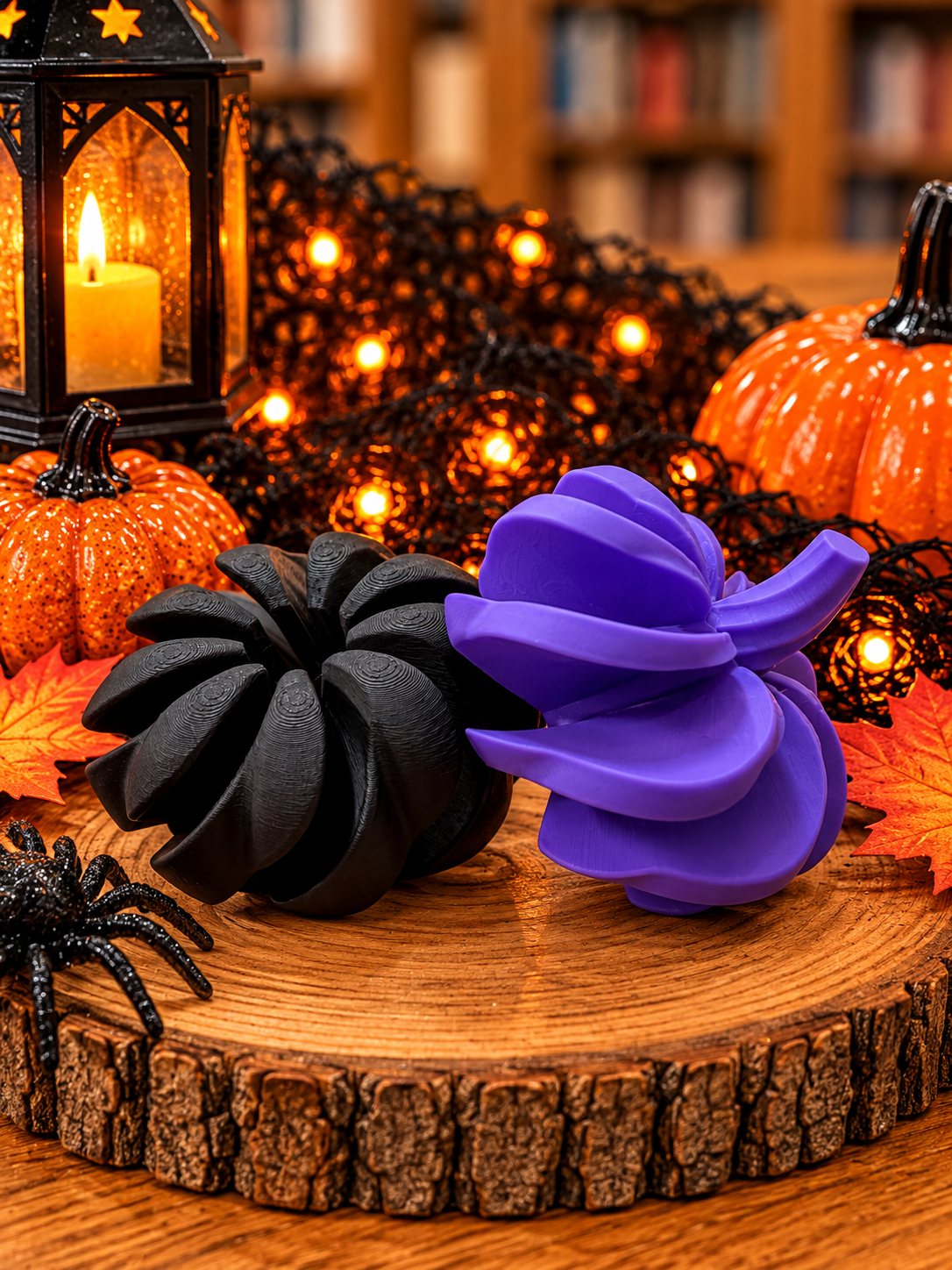 Black and purple spiral pumpkin fidget toys featuring a twisting design with separated curved sections for tactile sensory play.
