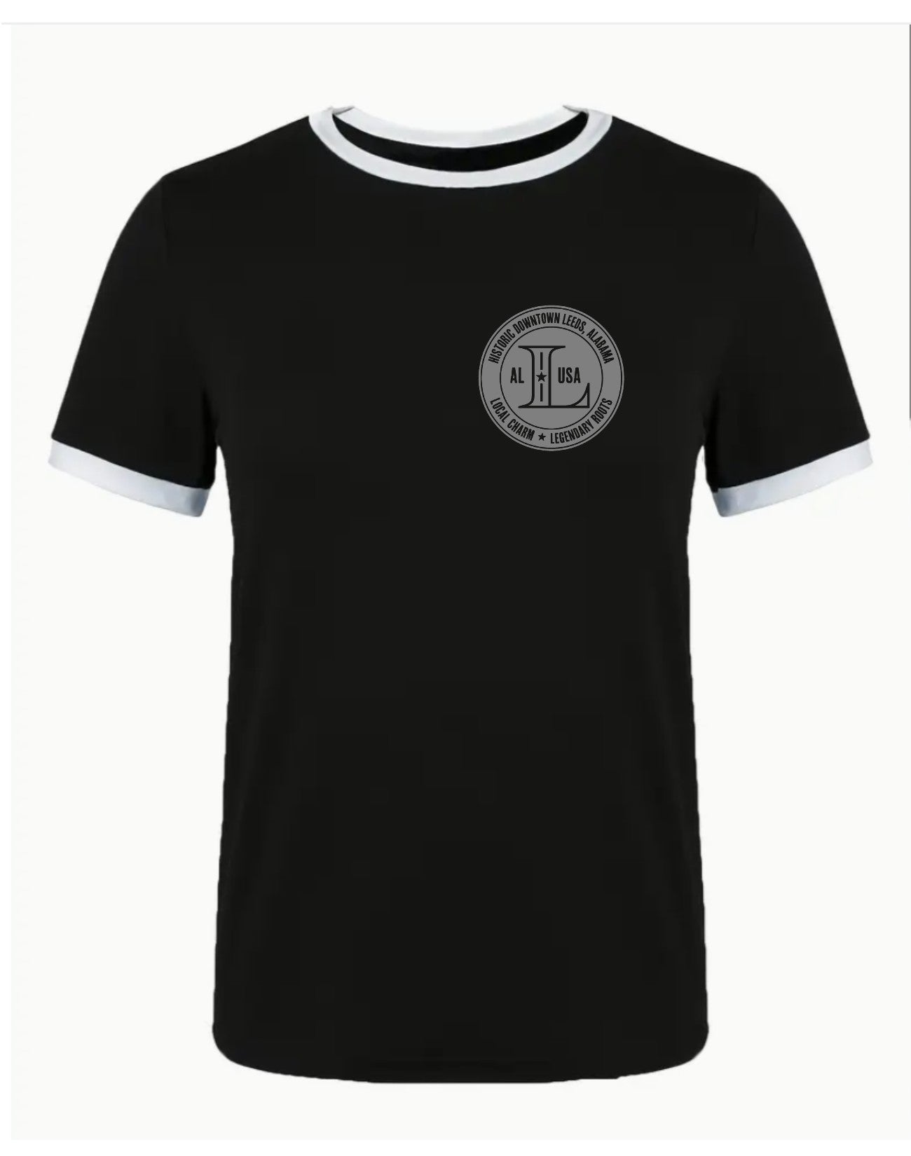 Black t-shirt with white ringer sleeves and collar, featuring a logo on the chest against a white background.