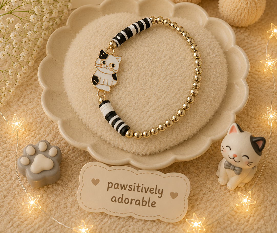 Black and white kitten charm bracelet with striped bead accents and gold-tone stretch beads