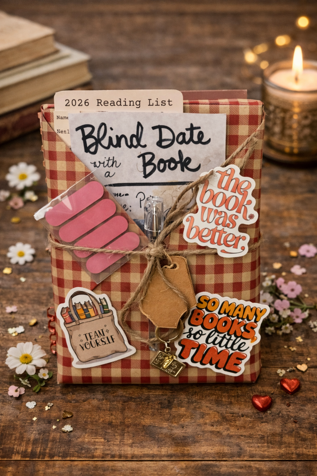 Plaid book with decorative elements on a wooden surface