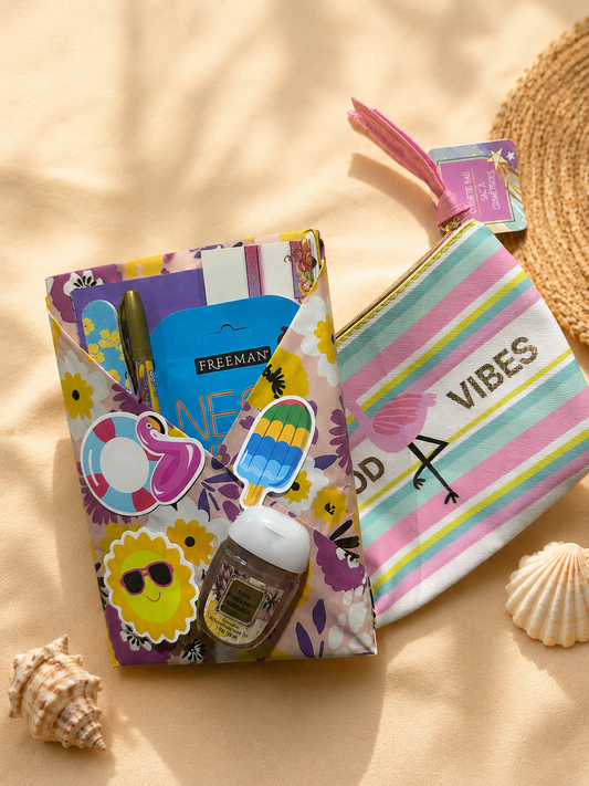 Beach-themed Blind Date with a Book package wrapped in floral paper with colorful summer stickers, bookish accessories, hand sanitizer, and a striped pouch that says Good Vibes