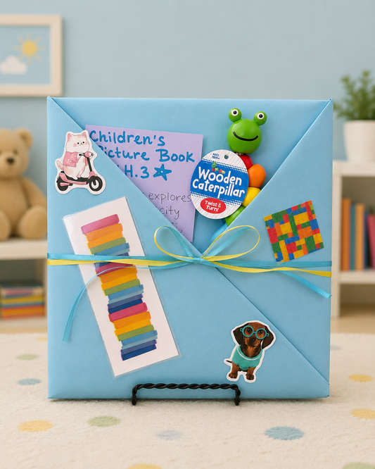 Children’s Blind Date with a Book package featuring a Paris-themed mystery picture book wrapped with colorful kid-friendly goodies and playful storytime extras