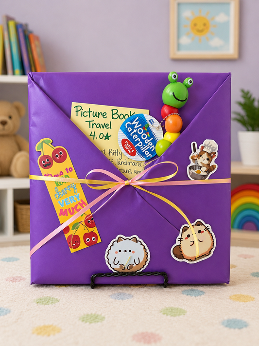 Children’s Blind Date with a Book package featuring a Rome-themed mystery picture book wrapped with colorful kid-friendly goodies and playful storytime extras