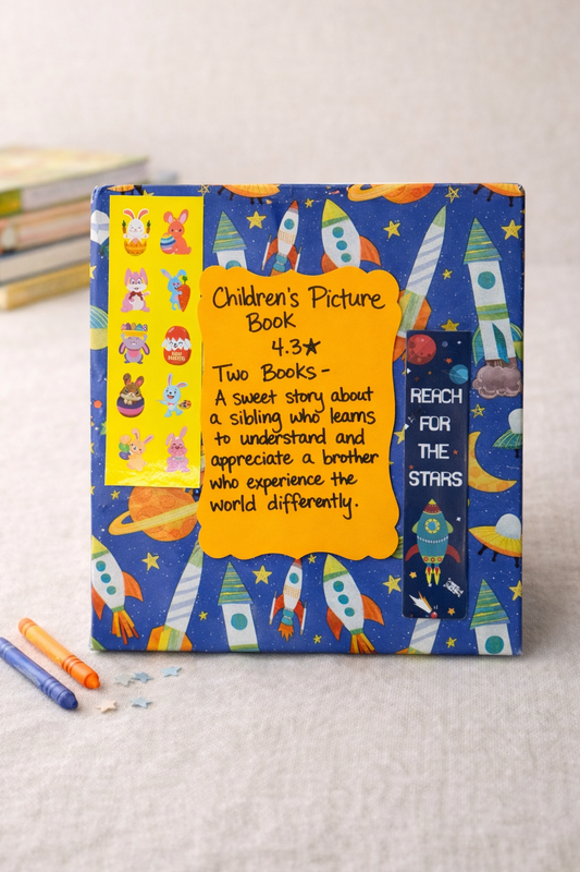 Wrapped Blind Date with a Book set featuring two children’s picture books about sibling relationships and understanding differences