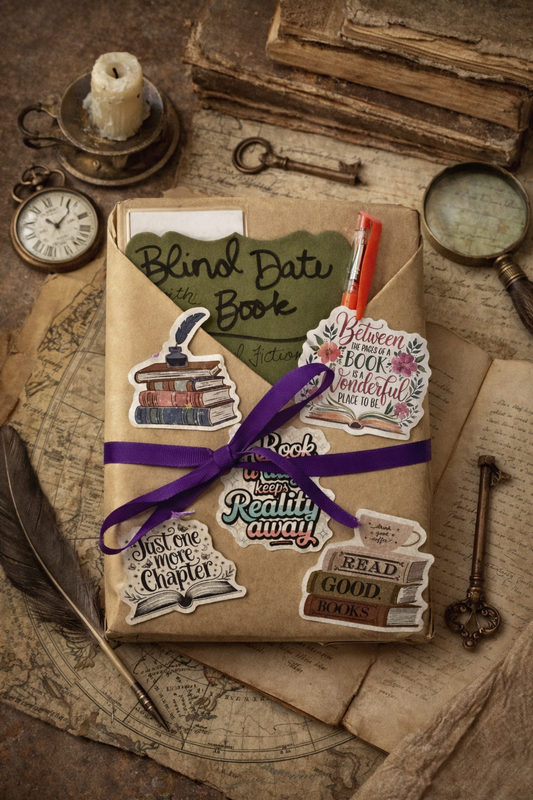 Blind Date with a Book literary fiction package wrapped in brown paper with purple ribbon and reading-themed stickers, styled on a vintage desk with old books, candle, key, pocket watch, and antique map background.