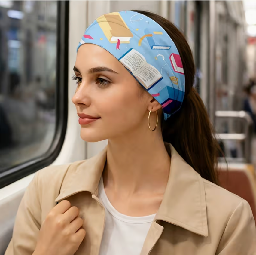 Blue twist headband featuring colorful scattered books and open book illustrations, soft stretchy fabric for reading, yoga, running, travel, and everyday wear.